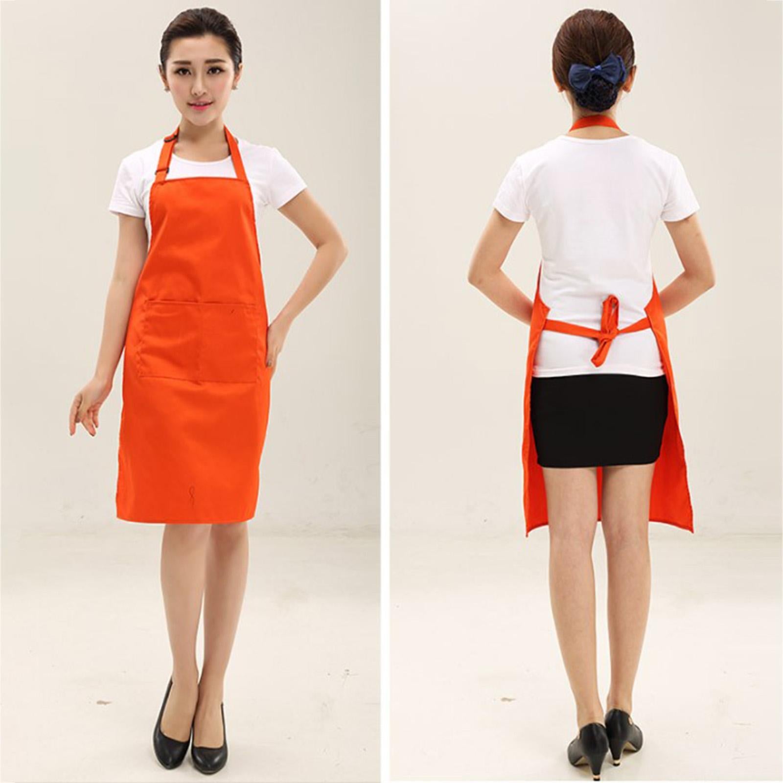 2x Apron with 2 Pockets Clothes Protector 70x78cm Solid Cotton Adjustable Water Adults Apron for Cooking Cafe Shop Baking Kitchen Women Orange