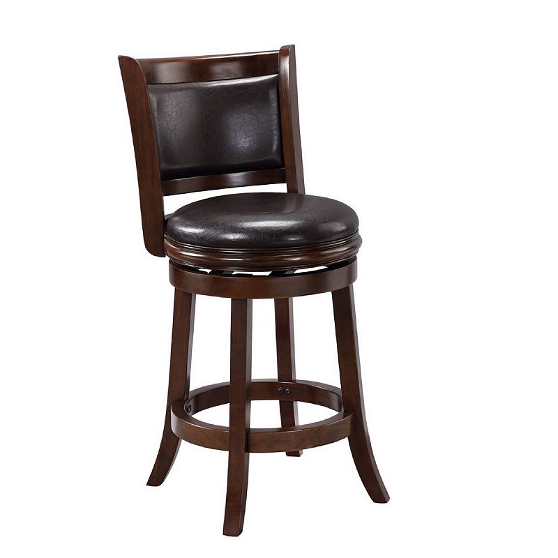 Pal 24 Inch Swivel Counter Stool， Solid Wood， Faux Leather， Espresso Brown