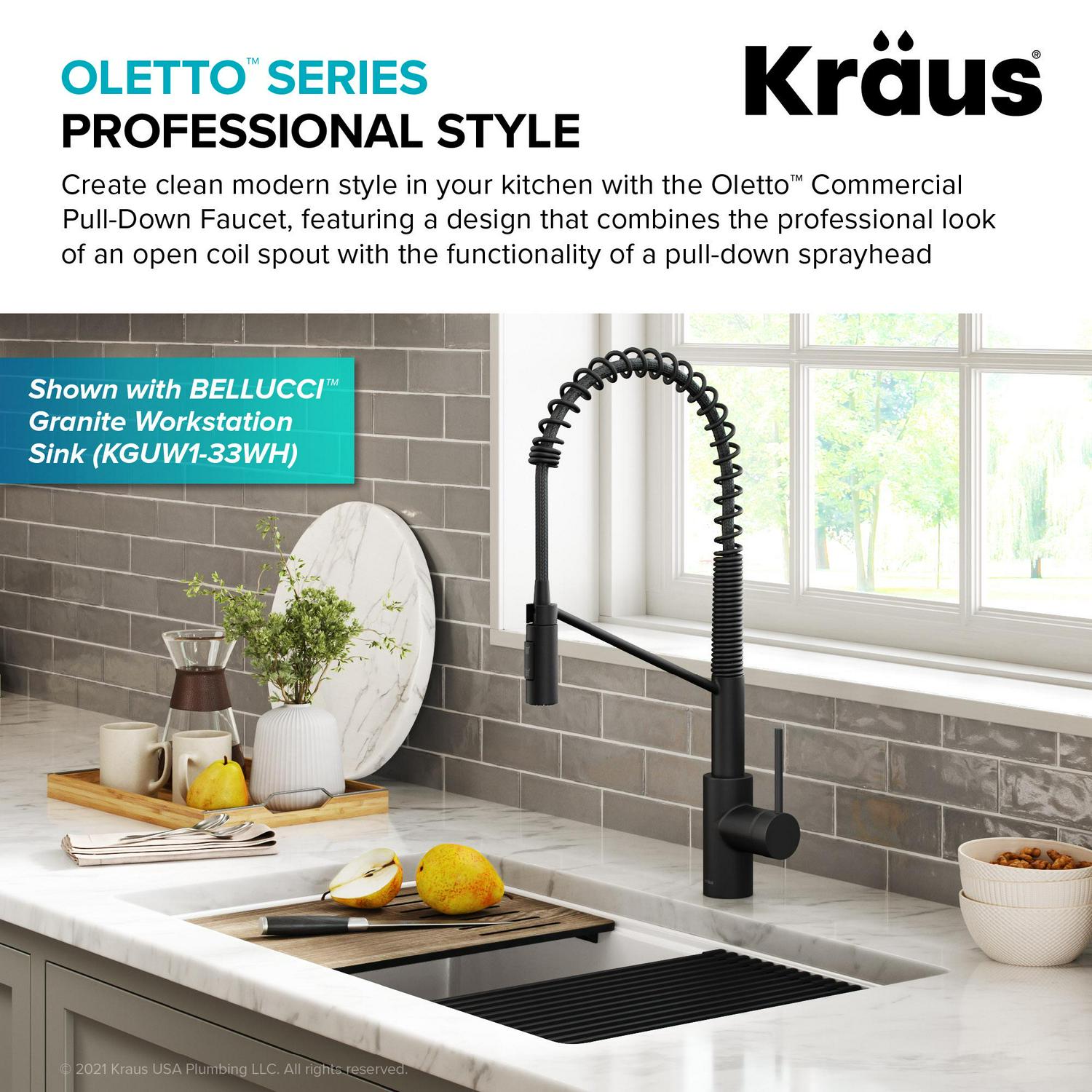 Kraus Oletto Commercial Style Pull-Down Single Handle Kitchen Faucet with QuickDock Top Mount Installation Assembly in Matte Black