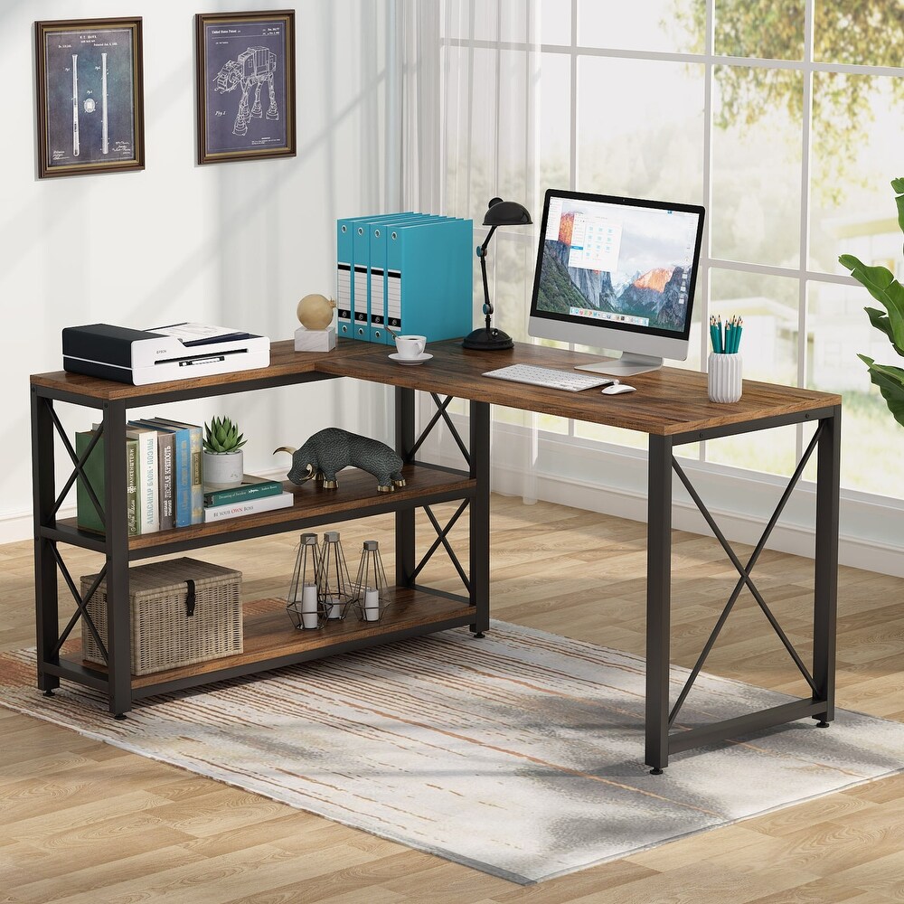 Industrial L Shaped Desk with Storage Shelves  Corner Computer Desk PC Laptop Study Table Workstation