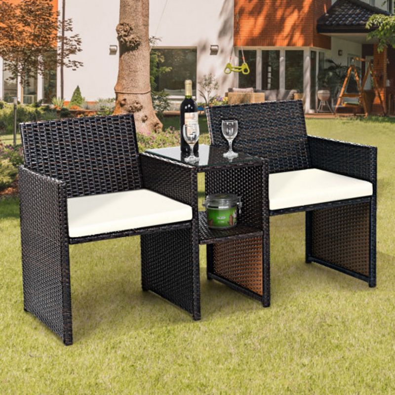 Patio Rattan Conversation Cushioned Seat Sofa Set