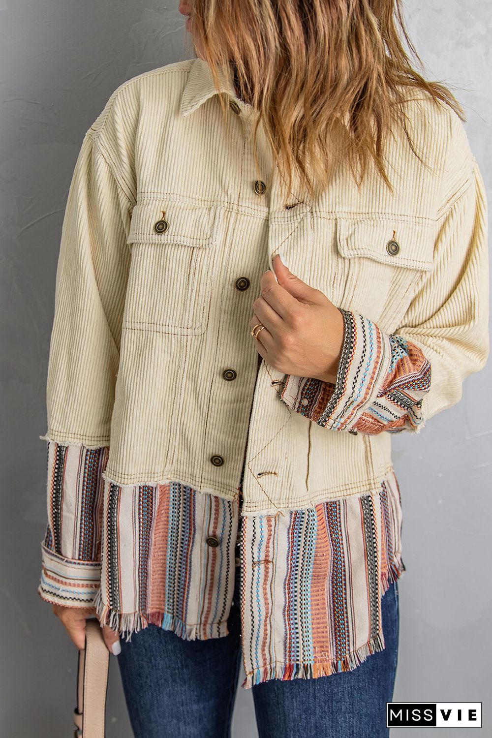 Button Up Pockets Striped Color Block Corduroy Jacket