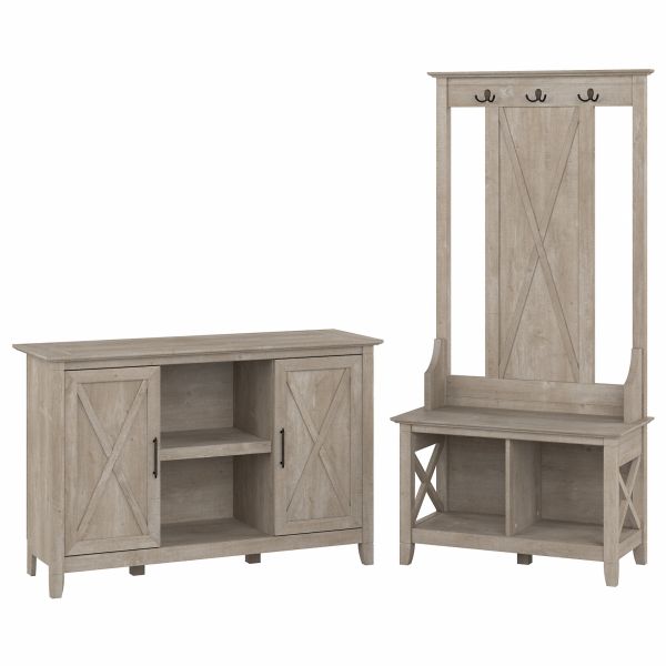 Bush Furniture Key West Entryway Storage Set with Hall Tree， Shoe Bench and 2 Door Cabinet in Washed Gray