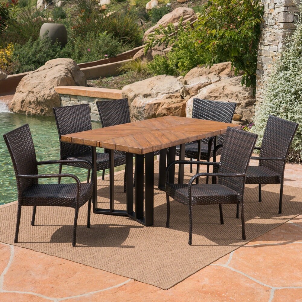 Fossili Outdoor 7 Piece Wicker Dining Set with Textured Dining Table by Christopher Knight Home