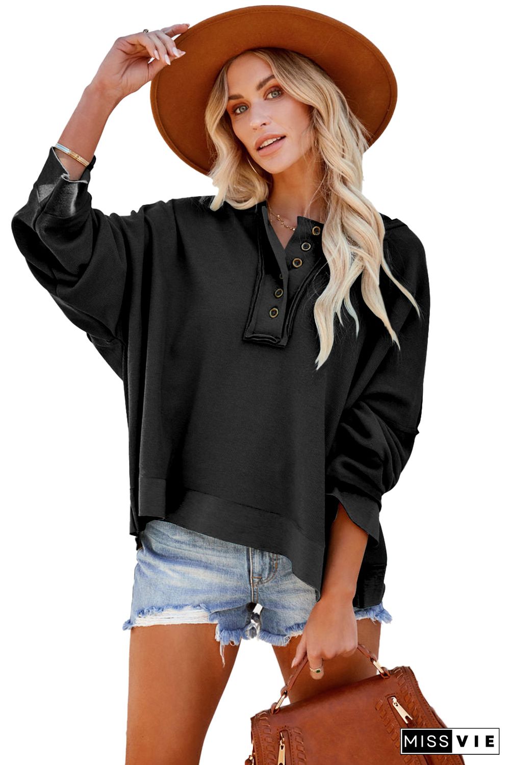 Black Casual Button Solid Patchwork Trim Hoodie