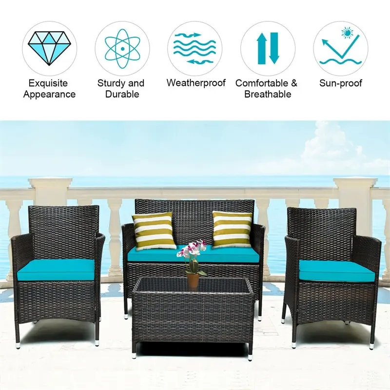 4 Pcs Outdoor Rattan Patio Conversation Set Wicker Furniture Set with Coffee Table and Cushioned Sofas