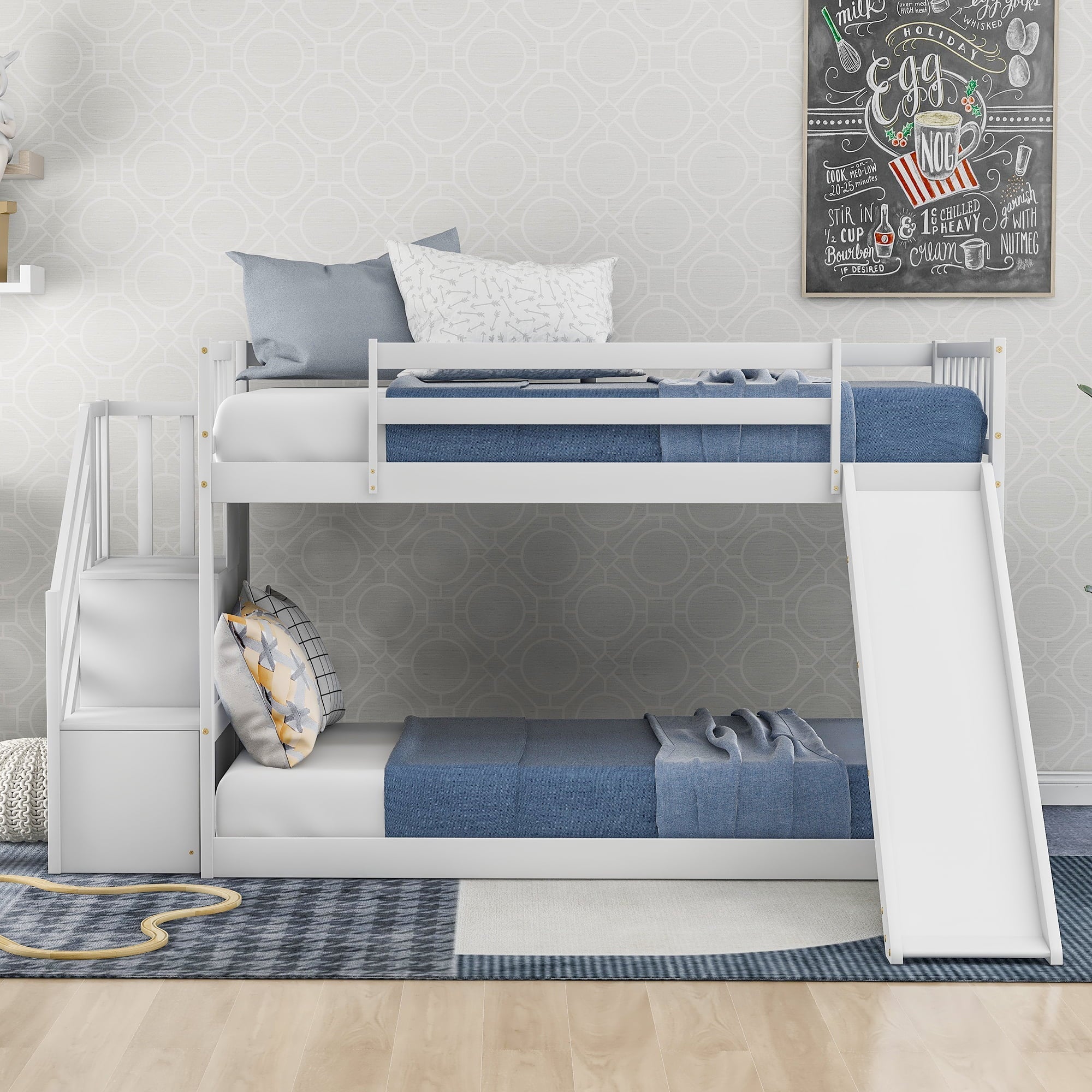 Euroco Twin over Twin Bunk Bed with Slide and Stairway for Kids' Room, White