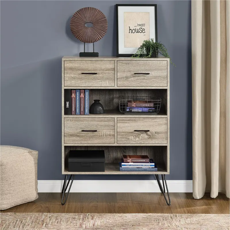 Landon Distressed Gray Oak Bookcase with Bins