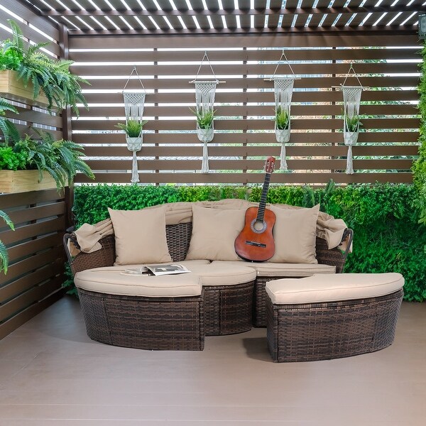 Outdoor Sectional PE Wicker Daybed with Cushions and Sun Canopy