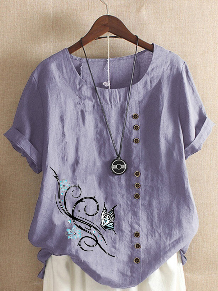 Round Neck Casual Loose Butterfly Print Short Sleeve Blouse