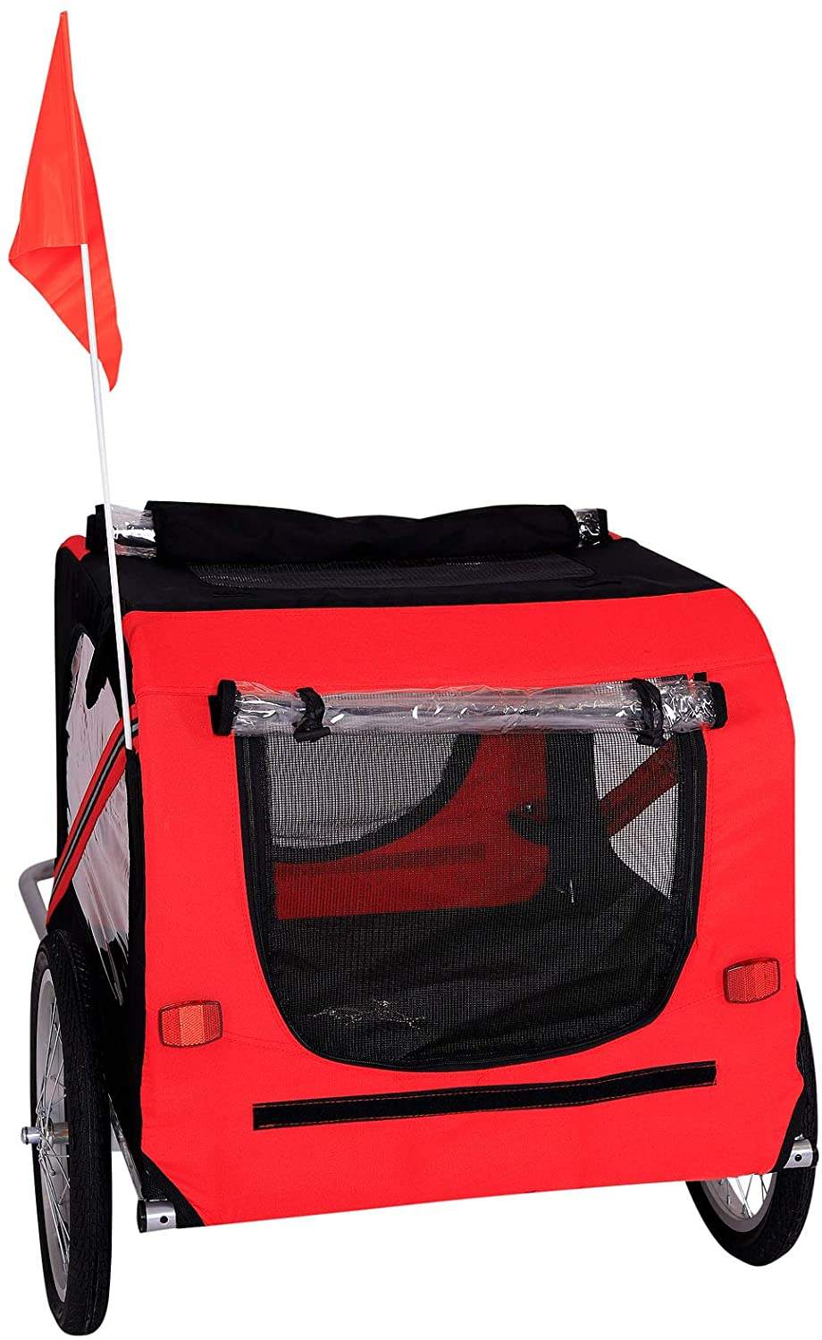 Dog bike trailer with clutch and seat belts red black