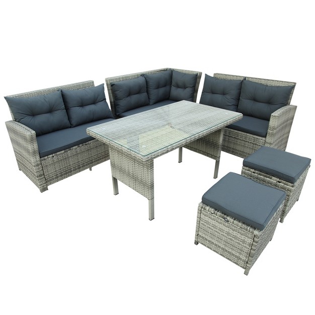 6 piece Outdoor Patio Sectional Sofa With Glass Table And Ottoman For Pool Backyard Lawn Modernluxe