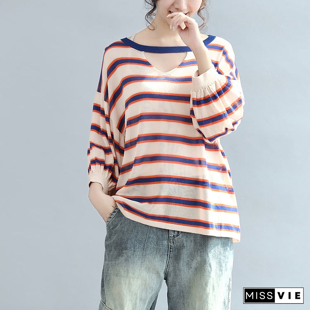 fall blue striped casual cotton blouse oversize v neck tops