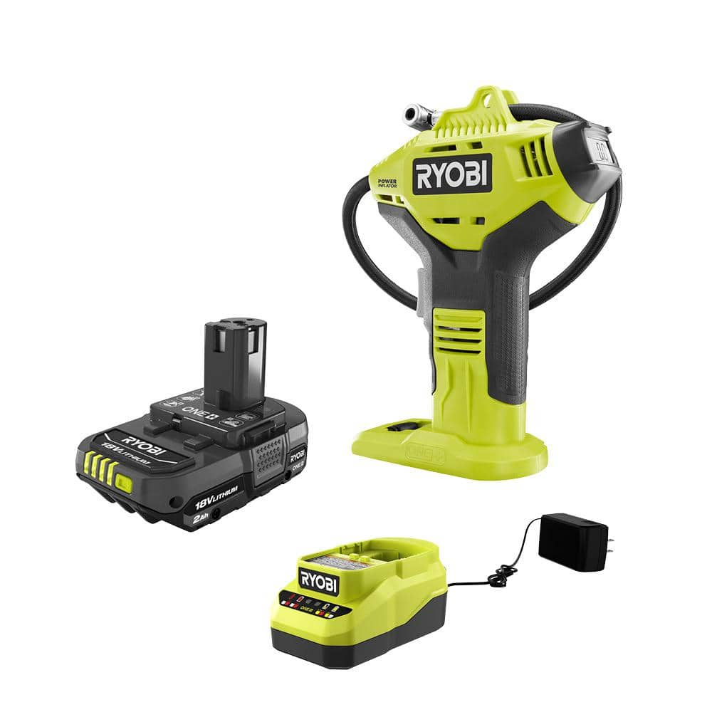 RYOBI ONE+ 18V Cordless High Pressure Inflator with Digital Gauge and 2.0 Ah Compact Battery and Charger Starter Kit P737D-PSK005