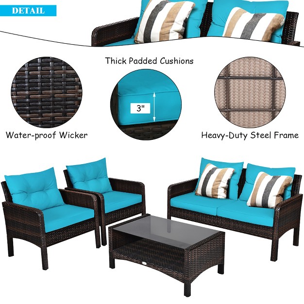 Costway 8pcs Patio Rattan Sectional Furniture Set Loveseat Sofa Coffee Table W turquoise Cushion