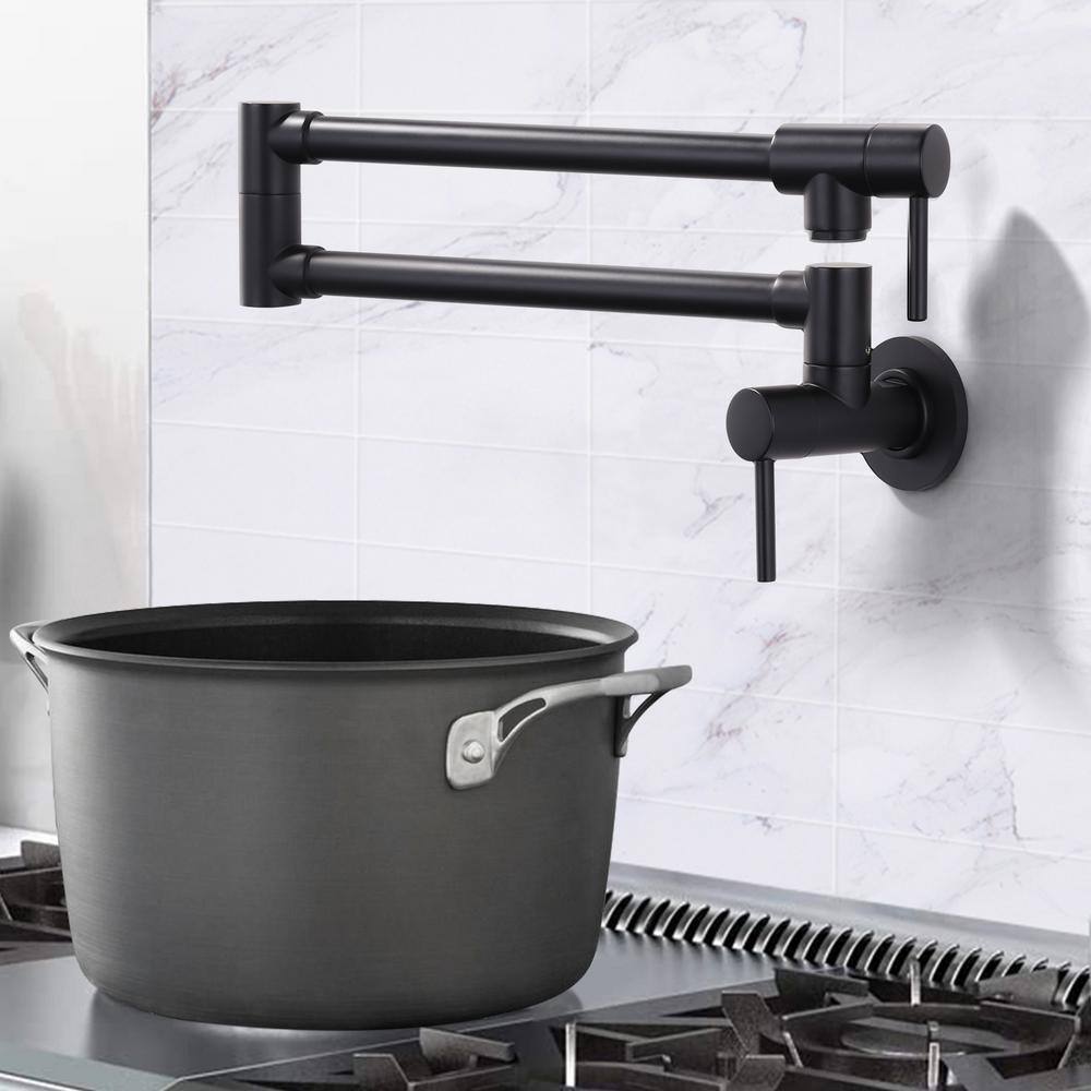 WOWOW Wall Mounted Pot Filler with Double Handle in Matte Black 2314600B-BHHD