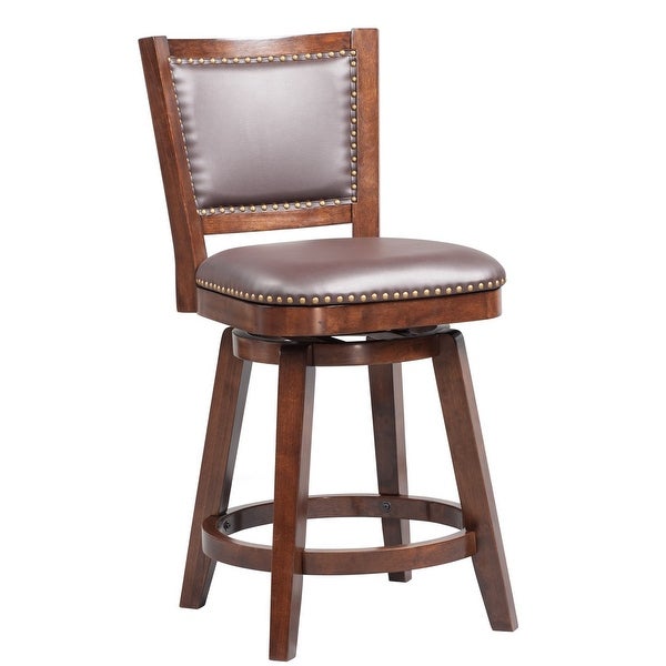 Swivel Counter Stool with Leatherette Padded Back and Nailhead Trim， Brown