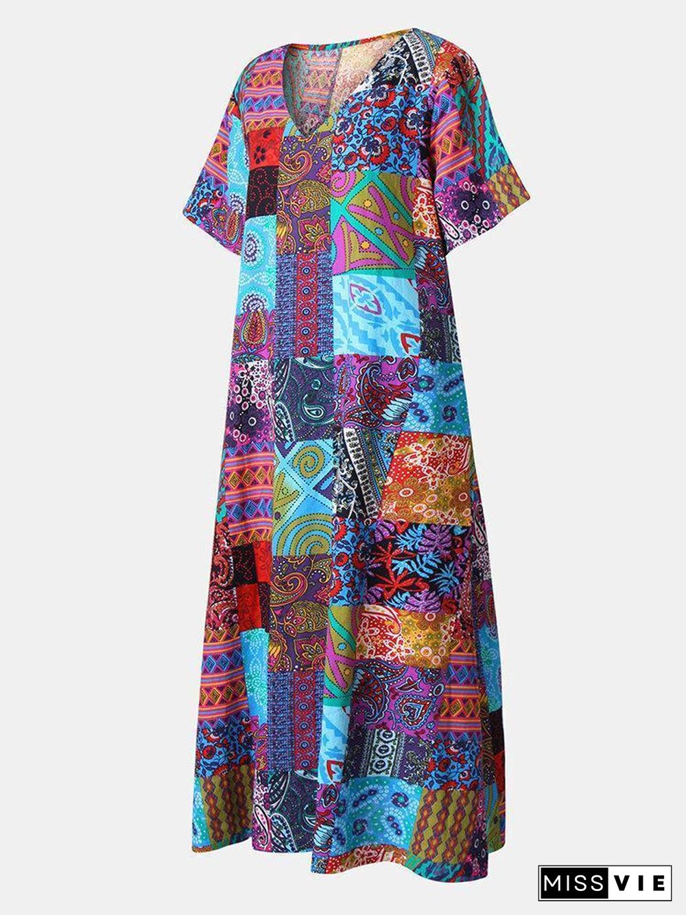 Ethnic Style Plus size Loose V-neck Printed Maxi dress