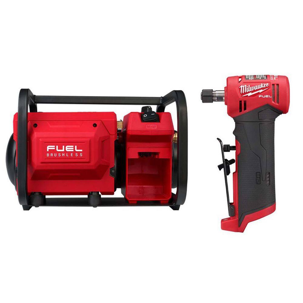 MW M18 FUEL Brushless Electric 2 Gal. Compact Cordless Quiet Air Compressor with Brushless 14 in. Right Angle Die Grinder 2840-20-2485-20