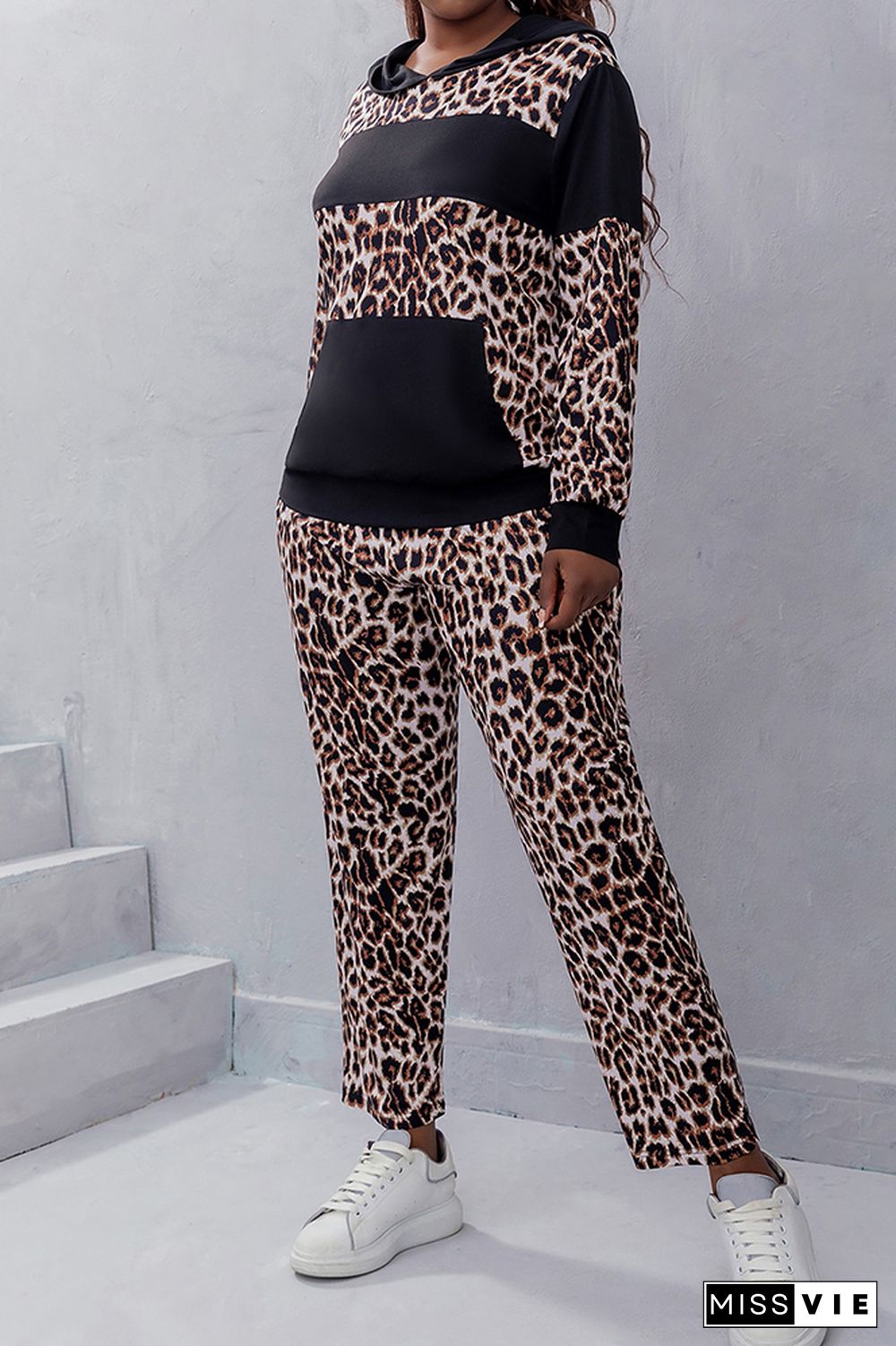 Color Block Leopard Pocketed Hoodies with Pants Plus Size 2pcs Set