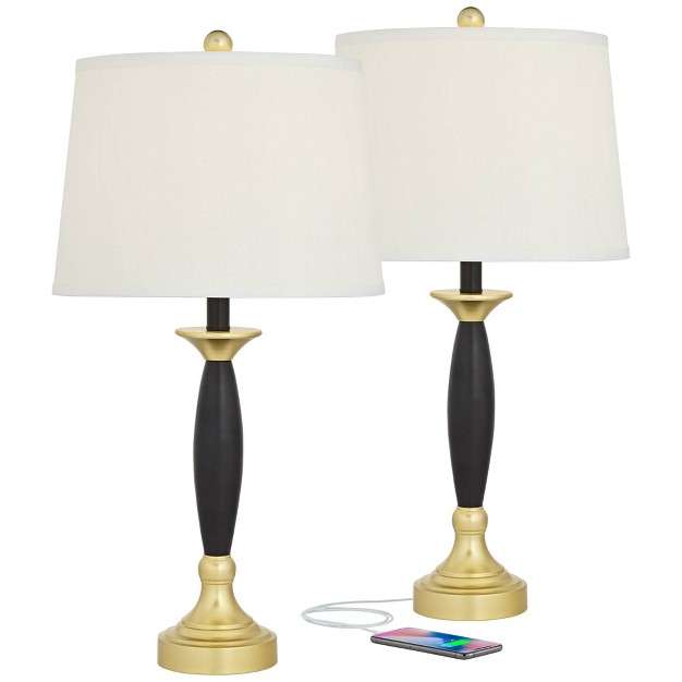 Tall Set Of 2 Gold Black With Dual Usb Charging Ports White Drum Shade For Bedroom Bedside Family Desk