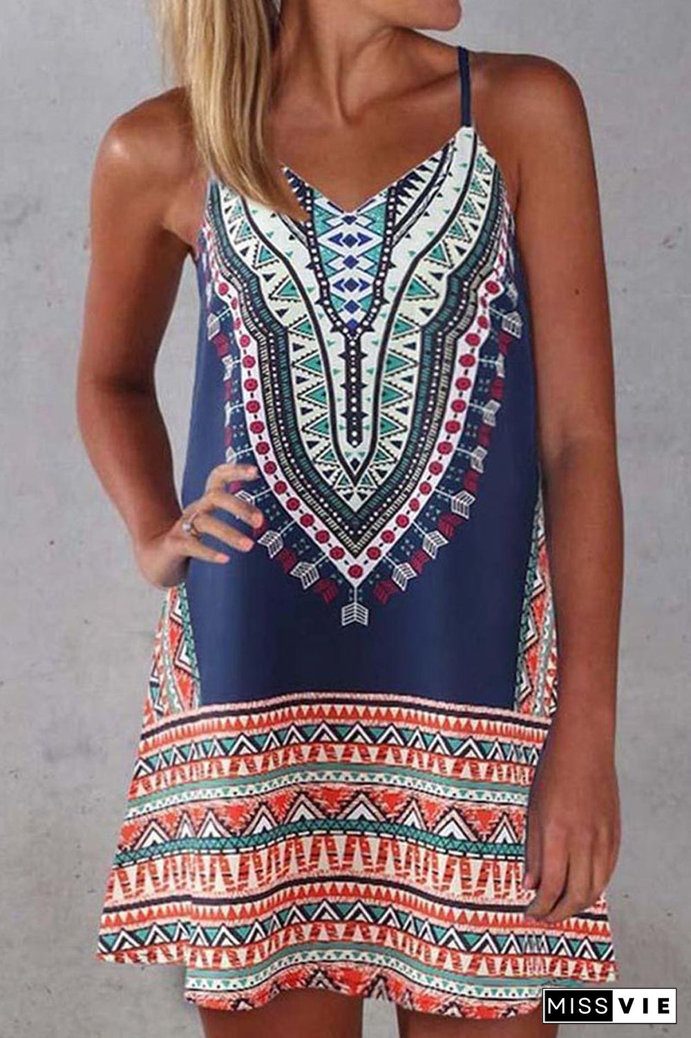 Tribal Print Spaghetti Strap Casual Wear Midi Dress