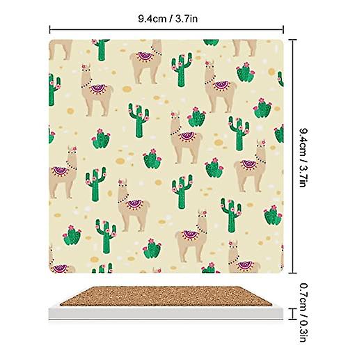 Colourlife Square Drink Coasters 6 Pcs Llama And Cacti Absorbent Ceramic Coffee Coasters For Drinks With Cork Base Housewarming Gift For Home Decor