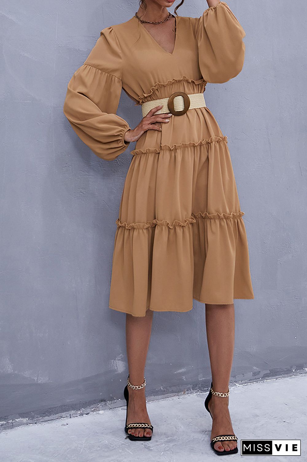 Ruffle V-neck Long Sleeve Dress with Belt Wholesale