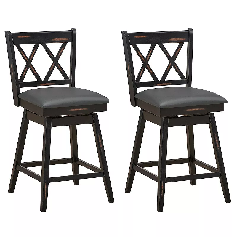 2 Pieces 24 Inch Swivel Counter Height Barstool Set with Rubber Wood Legs