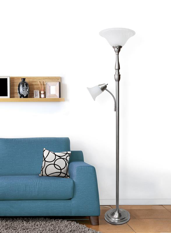 Elegant Designs 2 Light Combo Torchiere Floor Lamp with White Marble Glass, Brushed Nickel