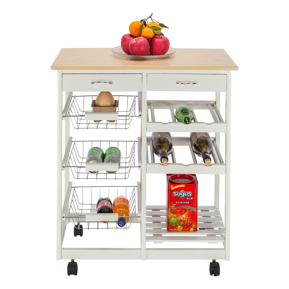 Kitchen Island Cart Trolley， Sturdy Microwave Oven Stand Storage Cart on Wheel with 2 Drawers， 3 Metal Baskets， 3 Shelf Panels， Heavy Duty Utility Carts， Rolling Cart Holds up to 220 lbs， Q3534