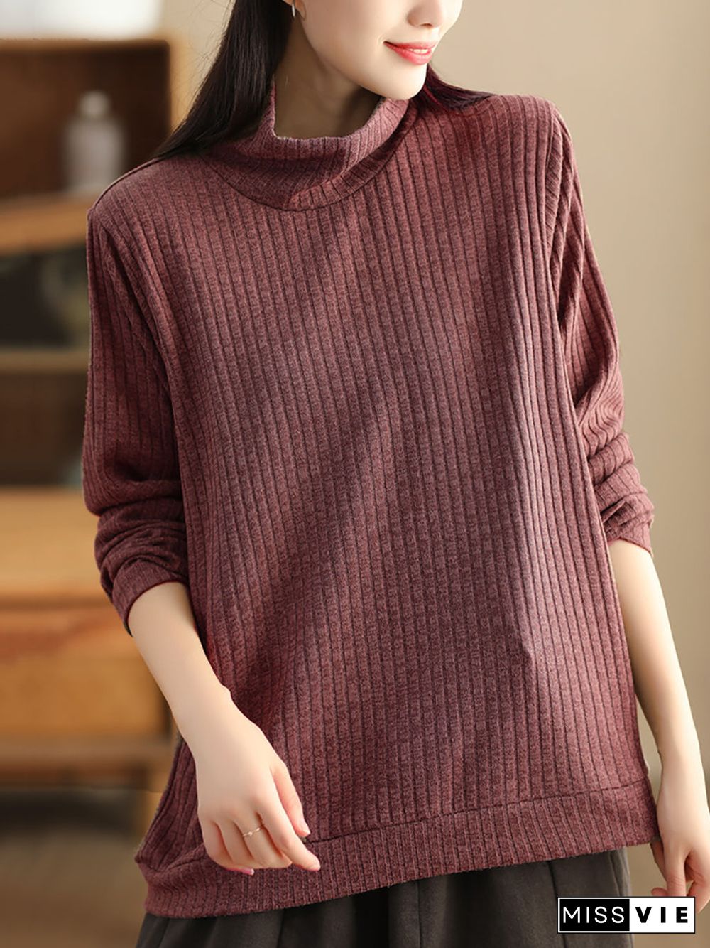 Plus Size Women Vintage Wool Solid Knitted Sweatshirt