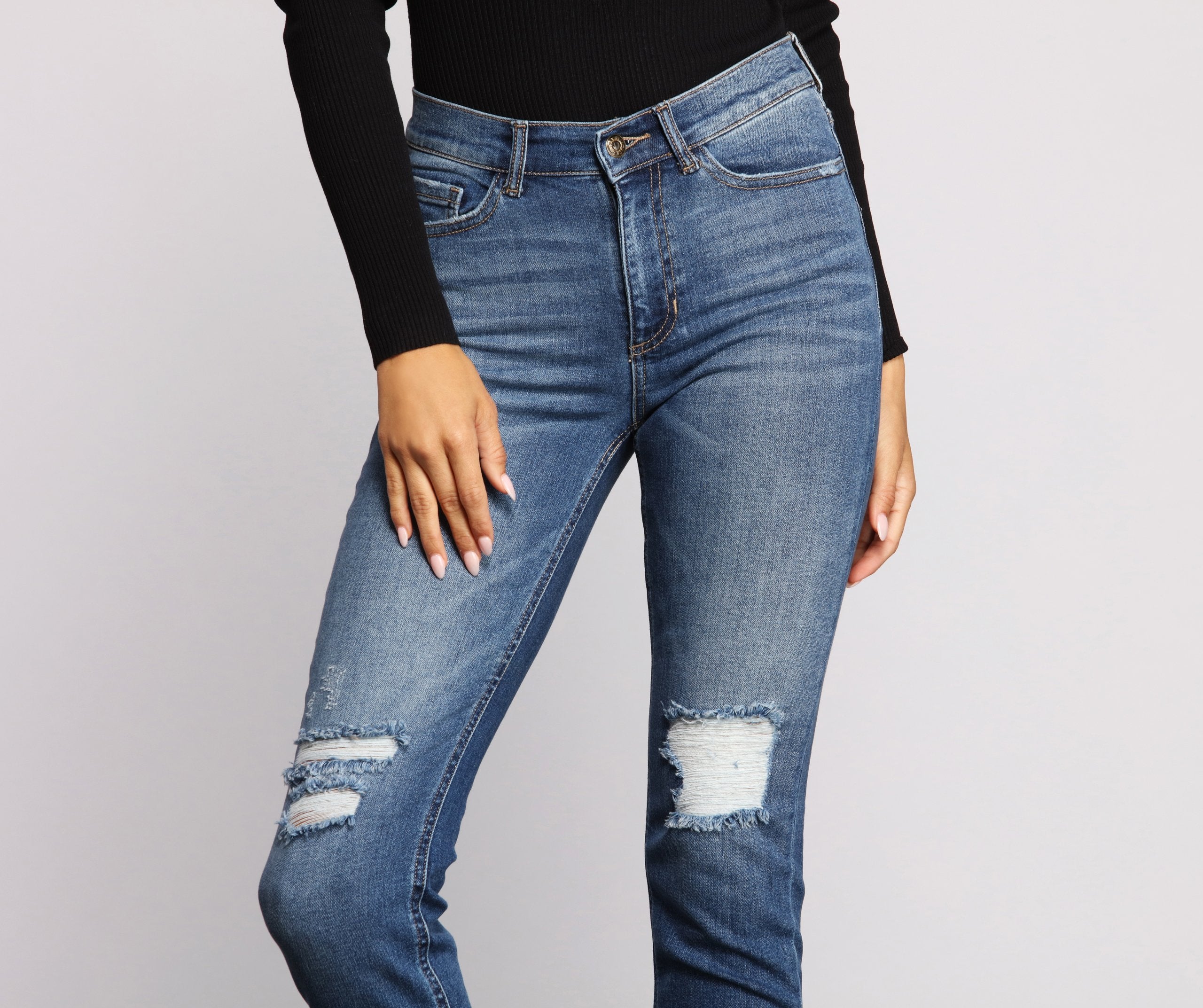 High Rise Knee Slit Skinny Jeans