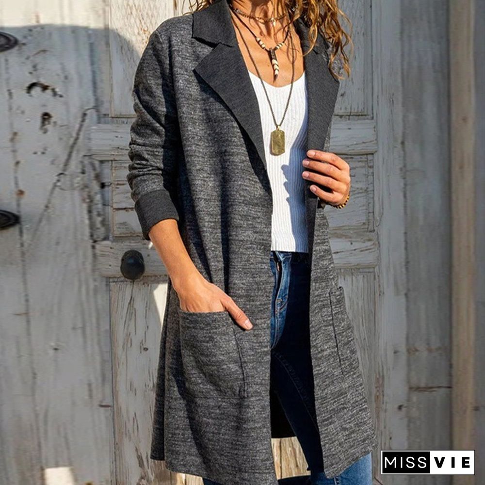 Lady Autumn Turn-down Collar Overcoat Casual Fashion Long Sleeve Gray Midi Coat Jacket Winter Women Vintage Pocket Outwear