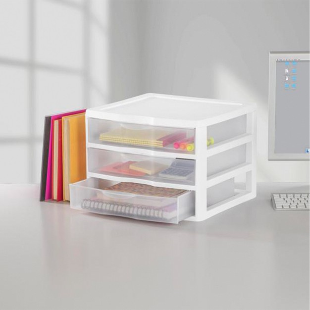 Sterilite Clear Plastic Stackable Small 3 Drawer Storage System For Home Office Dorm Room Or Bathrooms