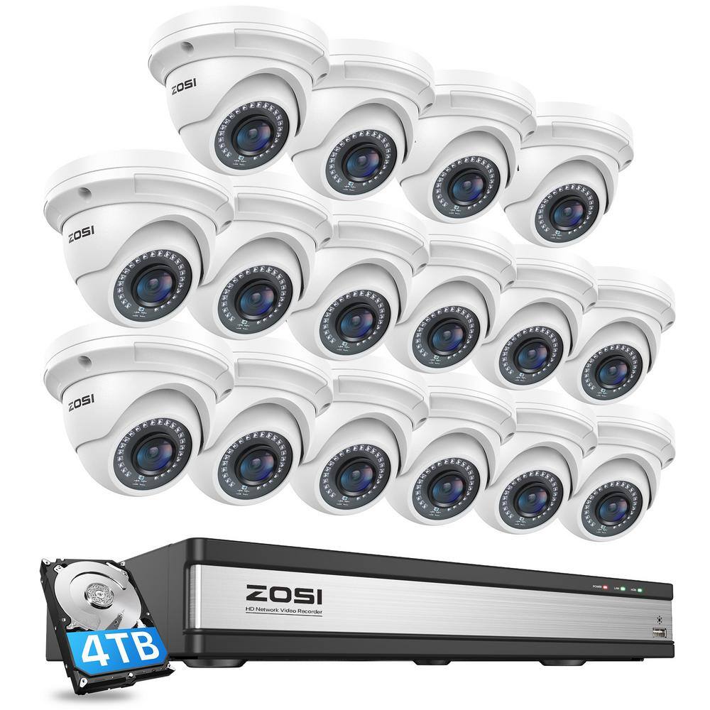 ZOSI 4K UHD 16-Channel POE NVR Security Camera System with 4TB HDD and 16 Wired 5MP Outdoor IP Dome Cameras 16DK-4295W16-40-US-A2