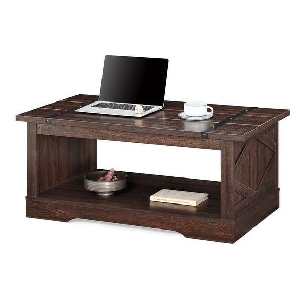 Modern Farmhouse Coffee Table， Rectangle Wood Center Table with Open Storage for Living Room， Spliced Wood Desktop