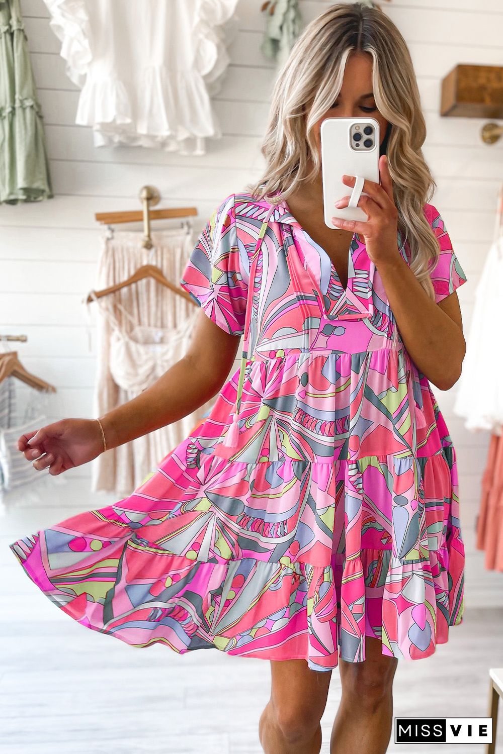 Pink Abstract Geometric Print Tassel Tie Flared Dress