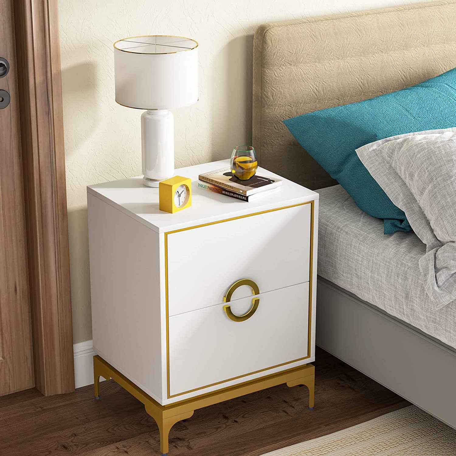 Tribesigns 2 Drawers Nightstand, White and Gold Bedside Table for Bedroom, Set of 2