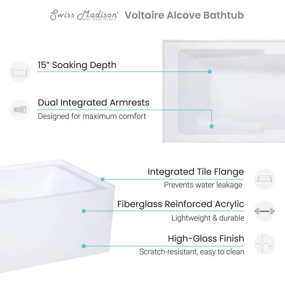 Swiss Madison Voltaire 60 in x 32 in Acrylic White Alcove Integral Armrest LeftHand Drain Apron Rectangular Bathtub in white