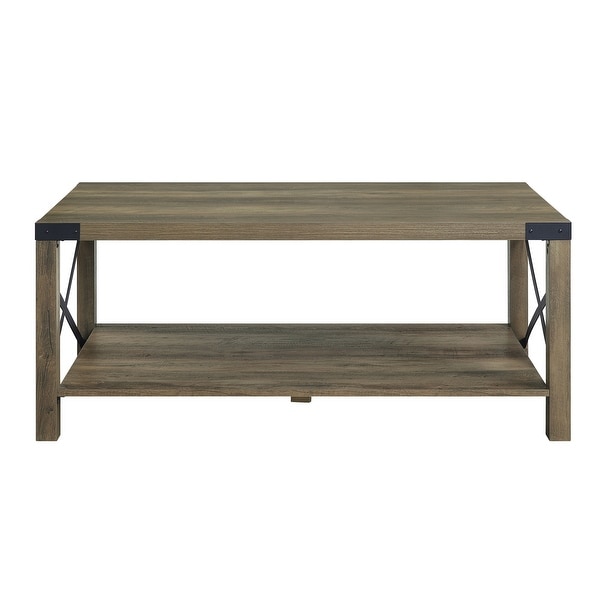 1 Open Shelf Wood Coffee Table with X Metal Base in Rustic Oak and Black