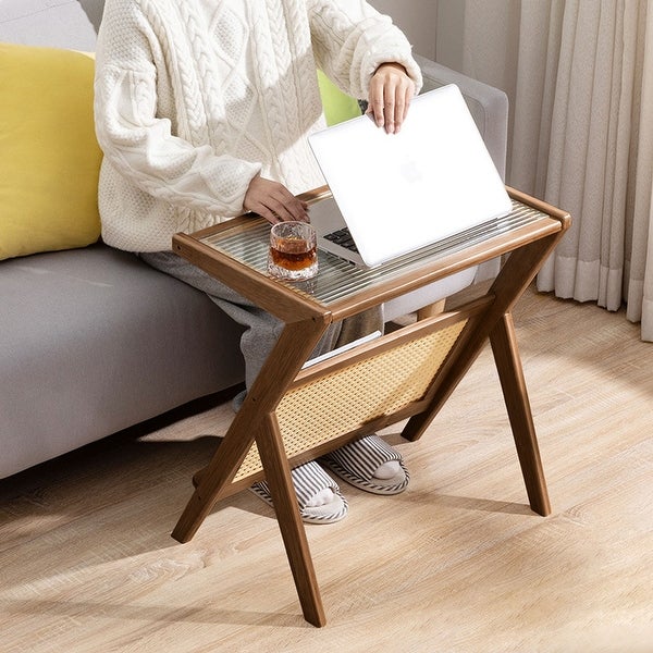 Bamboo Glass-top End Table with Rattan-like Magazine Rack