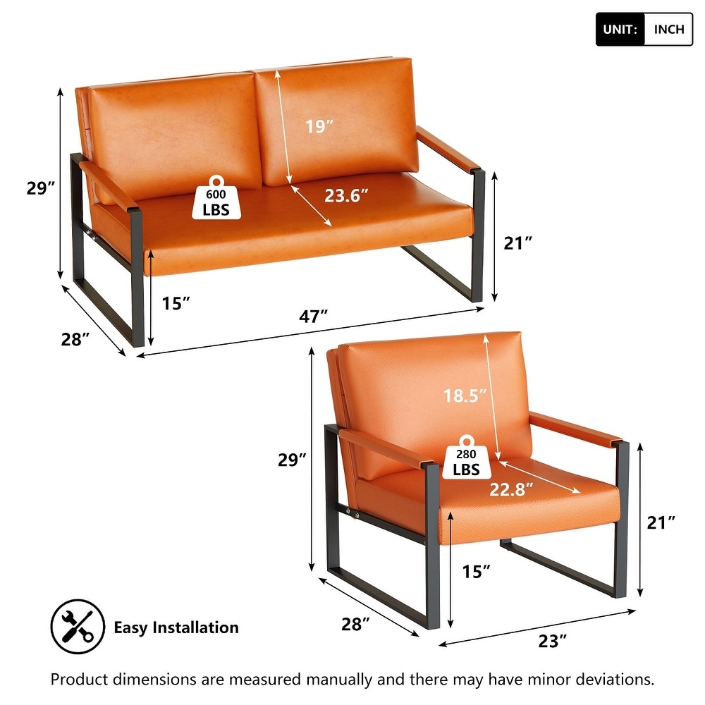 Mieres Mid Century Style 3 Piece PU Leather Living Room Sofa Set Including 2 Armchairs and 1 Loveseat Sofa