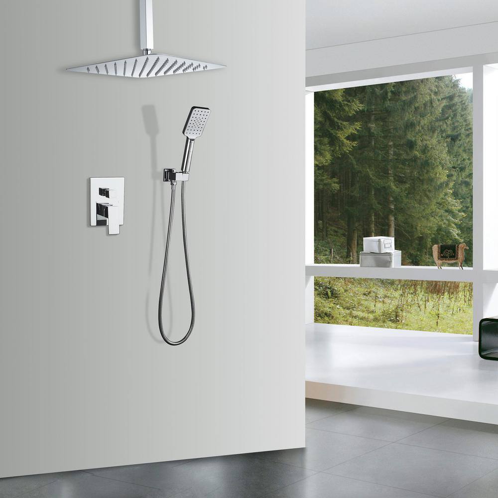 Mondawe Mondawell Square 3-Spray Patterns 12 in. Ceiling Mount Rain Dual Shower Heads with Handheld and Valve in Chrome MA-D98105CP