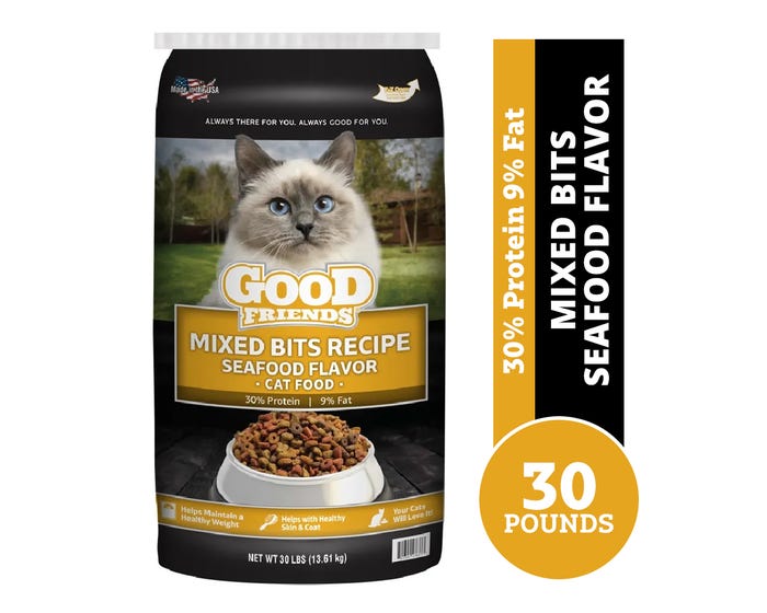 Good Friends Mixed Bits Recipe Seafood Flavor All Ages Dry Cat Food， 30 lb. Bag