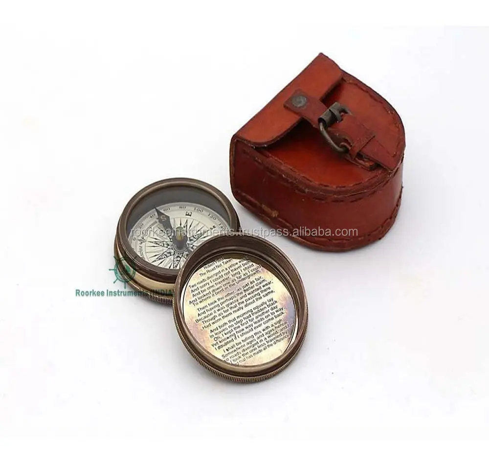 Handmade Handheld Brass Pocket Compass Robert Frost Poem Antiqued Brass Marine Pocket Compass W/Leather Case