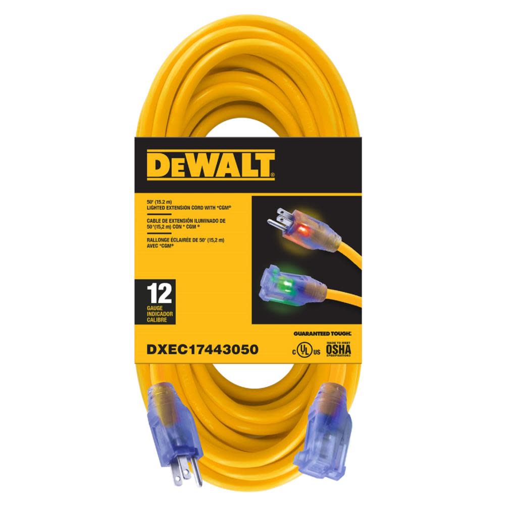 DW 50' 12/3 SJTW Lighted Extension Cord Yellow DXEC17443050 from DW