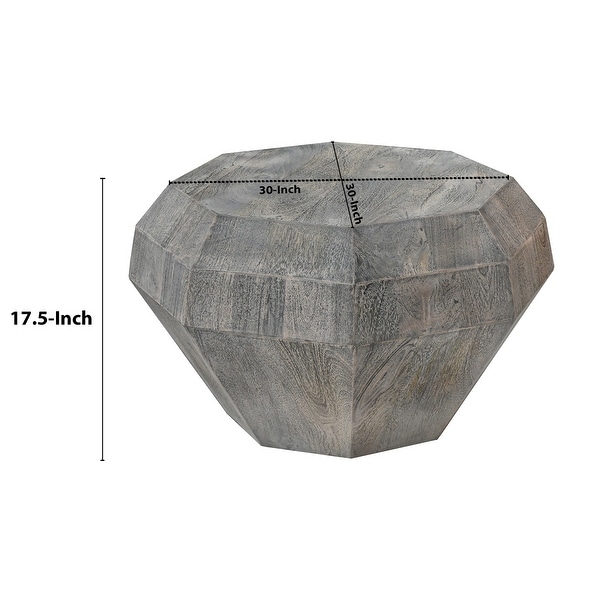 30 Inch Modern Art Coffee Table， 3D Diamond Shape， Solid Mango Wood Weathered Gray