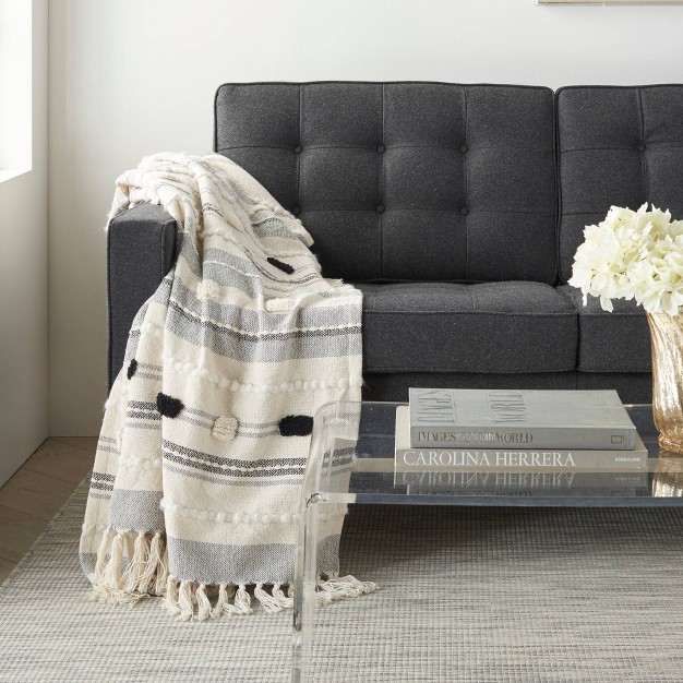 Ribbed With Pom pom Throw Blanket Black ivory Mina Victory