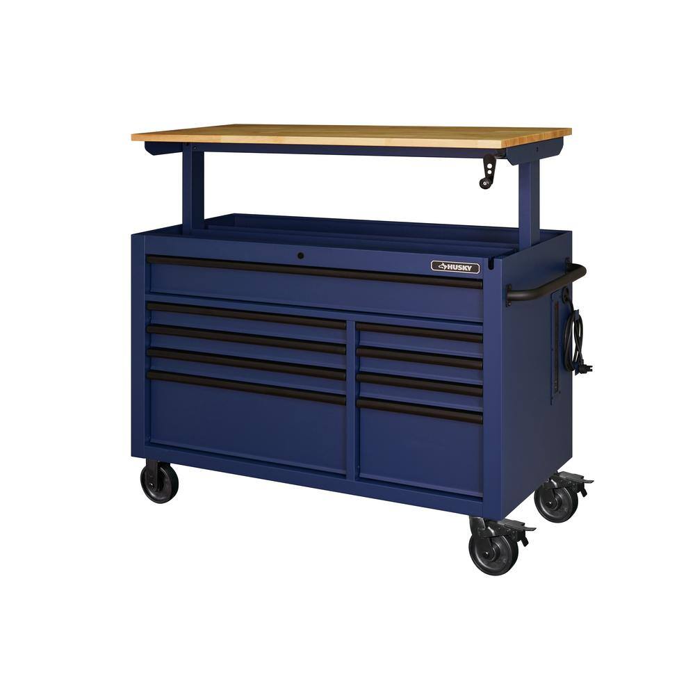 Husky 52 in. W x 25 in. D Heavy Duty 9-Drawer Mobile Workbench Tool Chest with Adjustable-Height Solid Wood Top in Matte Blue HOLC5209BL1M